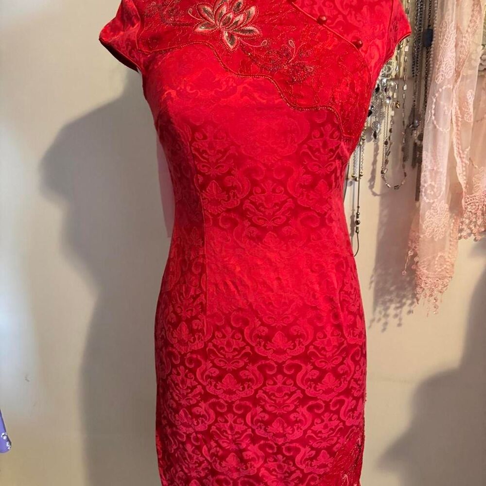 Vintage Red Damask Brocade Chinese Qipao / Cheongsam Dress